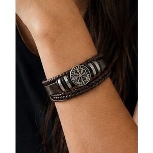 Brown Viking Compass Medallion Multi-Strand Vegan Leather Bracelet